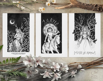 Slavic Gods Print Set 1: Dziewanna, Jarylo, Marzanna - Pagan Slavic Mythology Deities - 5x7 small giclee prints