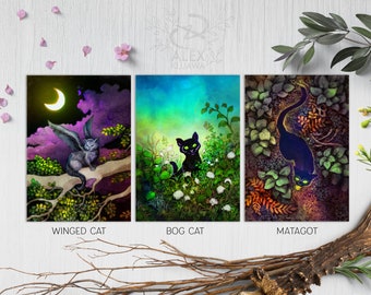 Small Prints Set: Winged Cat, Bog Cat, Matagot - folklore lucky black cats and feline demons art - 5x7 small giclée prints