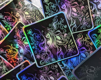 DEMONESS - Holographic Iridescent Permanent Vinyl Sticker - beautiful demon woman witch Lilith floral art nouveau lady artwork