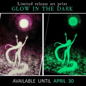 April Special: PINK MOON glow-in-the-dark April full moon haunted wild flower field garden witch ritual fantasy folklore art image 1