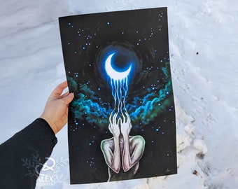 A SECRET SORROW, 11" x 17" limited edition print - mourning crescent moon tears night starry sky fantasy art