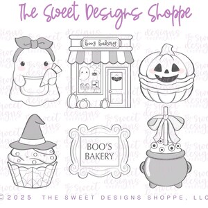 May include: Line art illustrations of Halloween-themed cookie cutters. Designs include a ghost, a bakery, a jack-o'-lantern, a cupcake with a witch hat, a sign that says "BOO'S BAKERY", and a cauldron. The text "The Sweet Designs Shoppe" is at the top.