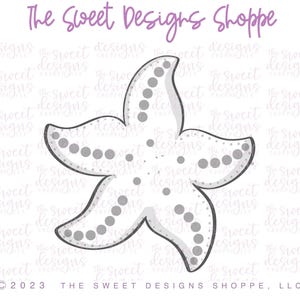 May include: A white starfish cookie cutter with a dotted design. The cookie cutter is on a white background with the text "The Sweet Designs Shoppe" and "©2023 THE SWEET DESIGNS SHOPPE, LLC" in purple.