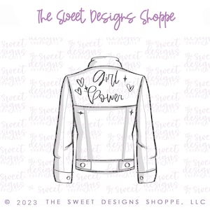 May include: A white denim jacket with a black zipper and pockets. The back of the jacket has the words "Girl Power" written in black with a pink heart and star on each side.