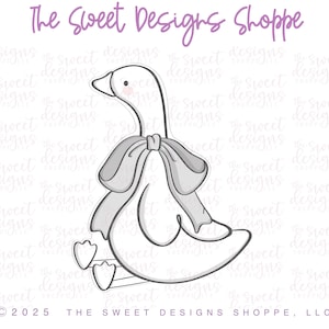 May include: A line drawing of a goose with a bow, with the text "The Sweet Designs Shoppe" in purple script. The goose is white with a gray bow and pink cheeks. The text "© 2025 THE SWEET DESIGNS SHOPPE, LLC" is at the bottom.