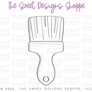 May include: A black and white line drawing of a paint brush. The brush has a long handle with a round hole at the end. The brush bristles are long and thin.
