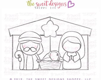 May include: A black and white line drawing of a nativity scene with Mary, Joseph, and baby Jesus in a manger. The scene is set in a simple barn with a star above the manger.