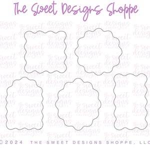 May include: Four different cookie cutter shapes with scalloped edges. The shapes are a square, a circle, a rectangle, and a rounded rectangle. The cookie cutters are black and white and are on a white background.