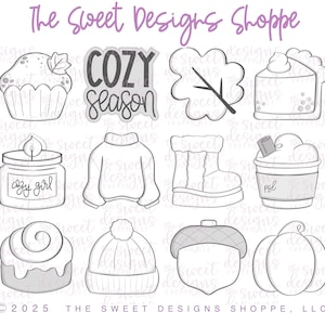 May include: A collection of line art designs with a fall theme. Includes a cupcake with a leaf, the words "COZY Season", a leaf, a slice of pie, a candle with "cozy girl", a sweater, a boot, a coffee cup, a cinnamon roll, a hat, an acorn, and a pumpkin. The Sweet Designs Shoppe.