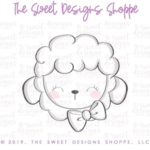 May include: A black and white line drawing of a cute cartoon sheep with a bow. The sheep has a fluffy white head and a black nose. The sheep is wearing a white bow with a black outline.