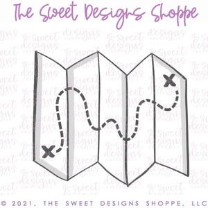 May include: A black and white illustration of a folded map with a dotted line path and two X marks. The map is a simple design with a vintage look.