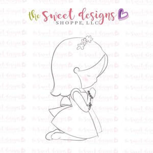 May include: Line drawing of a girl kneeling in prayer with her hands clasped together. She is wearing a dress and has a flower in her hair.