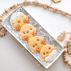 May include: Four decorated sugar cookies shaped like chicks, with white icing and yellow and orange details. The cookies are arranged in a row in a white box lined with white tissue paper.