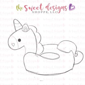 May include: A black and white line drawing of a unicorn shaped inflatable pool float. The unicorn has a horn, ears, and a small heart on its cheek.
