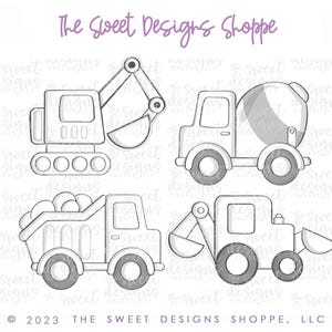 May include: Four black and white outline illustrations of construction vehicles. The vehicles include a cement mixer, a dump truck, an excavator, and a backhoe.