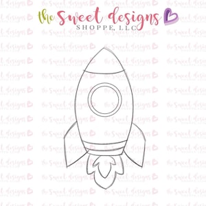 May include: A black and white line drawing of a rocket ship with a round window and flames coming out of the back.