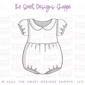 May include: A white baby onesie with a Peter Pan collar and short sleeves. The onesie has a ruffled trim around the neckline and the sleeves. The onesie is a digital design for crafting.