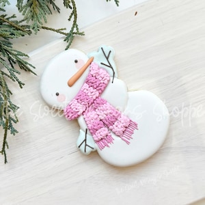 May include: A snowman-shaped cookie with a pink scarf, a carrot nose, and rosy cheeks. The cookie is decorated with white icing and sits on a wooden surface. Green foliage is in the background.