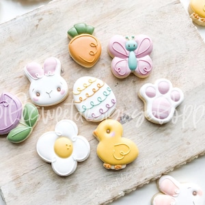 May include: A set of nine Easter-themed sugar cookies decorated with pastel colors and various designs, including a bunny, a chick, a flower, a paw print, a butterfly, a tulip, and an egg.