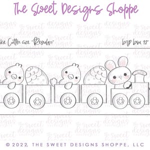 May include: A black and white line art cookie cutter set featuring a train with a bunny, chicks, and eggs. The cookie cutter set is labeled "Cookie Cutter size "Regular"" and "brp box 12" x 5".