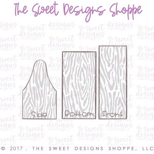 May include: A set of three wooden-textured cookie cutter templates labeled "Side", "Bottom", and "Front". The text "The Sweet Designs Shoppe" is at the top. The copyright information is at the bottom.