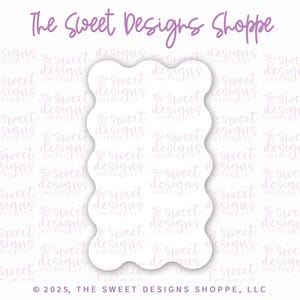 May include: A white, wavy-edged, blank template for a cookie cutter. The template is on a white background with a repeating pattern of the text "The Sweet Designs Shoppe" in a light purple color.