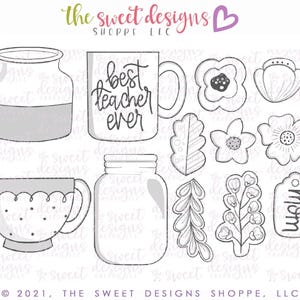 May include: A set of 10 cookie cutters featuring a mason jar, mug, flower, and leaf designs. The mug has the text "best teacher ever" on it. The cookie cutters are made of metal and are perfect for making cookies, fondant, or other edible crafts.