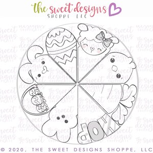 May include: Black and white line art design of a pie divided into 6 slices. Each slice features a different Easter-themed image, including a bunny, a chick, an egg, a basket of eggs, a lamb, and a carrot.