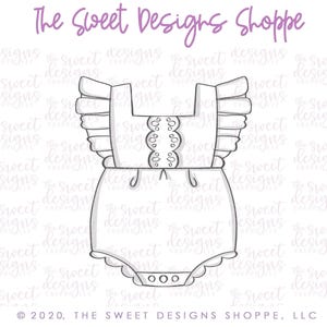 May include: A black and white line drawing of a baby onesie with a ruffled neckline and a lace trim. The onesie has a simple design with a rounded neckline and short sleeves.