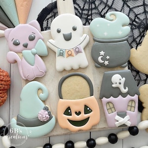 May include: A set of nine Halloween-themed sugar cookies decorated with various designs, including a ghost, a witch's hat, a cauldron, a pumpkin, a house, and a cat. The cookies are all different colors and have intricate details.