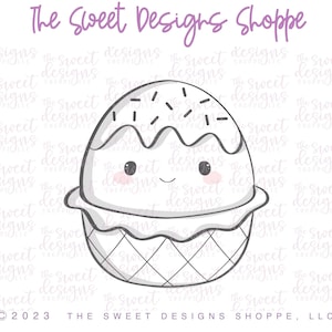 May include: A black and white line drawing of a cartoon ice cream cone with a smiling face. The ice cream is topped with sprinkles and has a waffle cone.