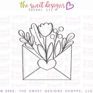 May include: A black and white line drawing of a closed envelope with a bouquet of flowers sticking out of the top. The flowers include a large tulip, smaller flowers, and leaves. A heart is visible in the flap of the envelope.