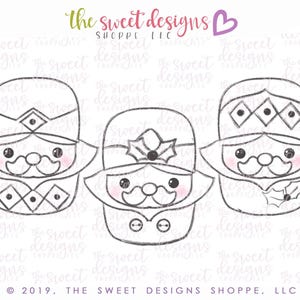 May include: Three black and white line drawings of nutcracker faces. Each nutcracker has a different hat and facial expression.