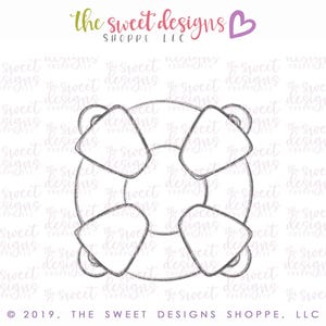 May include: A black and white line drawing of a life preserver with four sections. The life preserver is a popular summer symbol and is often used in crafts and decorations.