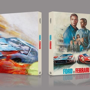 May include: Two DVD cases side-by-side. The left case features a blue and white race car with red and yellow streaks. The right case shows actors and race cars with the title "FORD v FERRARI" in blue and red.