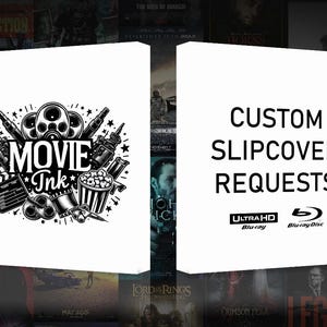 May include: A white square featuring a black and white illustration of movie-related items, including a film reel, popcorn, and a clapperboard. The text "Movie Ink" is in the centre of the illustration. The right side of the image is a white square with the text "Custom Slipcover Requests" in black. Below the text are two logos: "Ultra HD Blu-ray" and "Blu-ray Disc".
