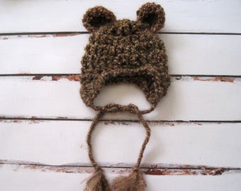 Crochet Baby Bear Hat: Brown Acrylic Newborn Costume