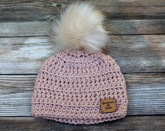 Newborn Girl Crochet Hat with Faux Fur Pom Pom, Winter Beanie