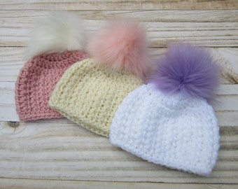 Newborn Hats for Girls, Infant Girl Hats, Infant Beanies, Girl Newborn Hat, Winter Hats with Pom Poms, Crochet Baby Girl Hats, Baby Fall Hat