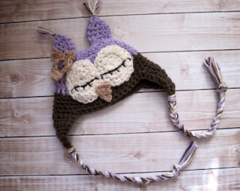 Halloween Baby Hat, Crochet Baby Hat, Baby Girl Owl Hat, Baby Girl Hat, Newborn Owl Hat, Infant Owl Hat, Baby Animal Hat, Purple, Sleepy Owl