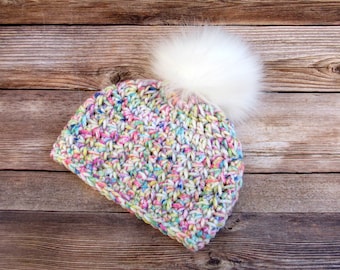 Gorro con pompón para recién nacida, gorro de invierno multicolor de punto acrílico