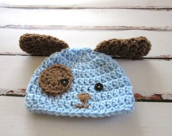 Gorro de crochet para cachorro: disfraz de perro recién nacido azul y marrón