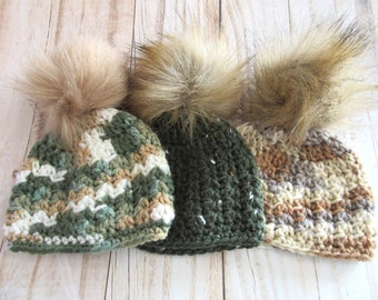 Crochet Baby Beanie with Tan Faux Fur Pom Pom
