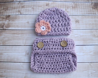 Newborn Baby Girl Outfit, Baby Girl Hat with Matching Diaper Cover, Newborn Girl Beanie, Baby Girl Flower Hat Set, Baby Coming Home Outfit