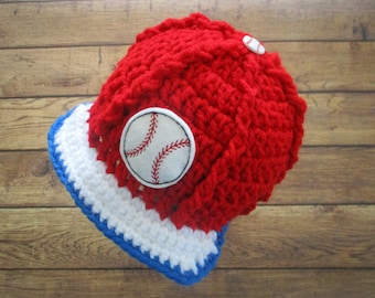 Crochet Baby Baseball Cap: Red, White & Blue Infant Beanie
