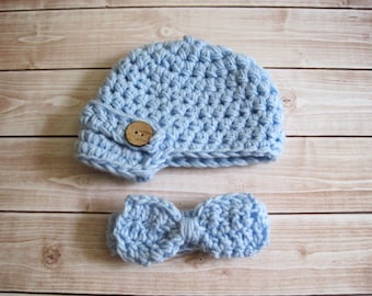 Crochet Baby Hat, Baby Boy Hat, Newborn Hat, Infant Hat, Baby Photo Prop, Baby Newsboy Hat, Baby Bowtie, Baby Bow Tie, Little Man Bow Tie