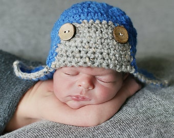Winter Baby Hat, Baby Boy Aviator Hat, Crochet Baby Boy Hat, Newborn Aviator Hat, Newborn Boy Hat, Infant Aviator Hat, Boy Infant Hat, Blue