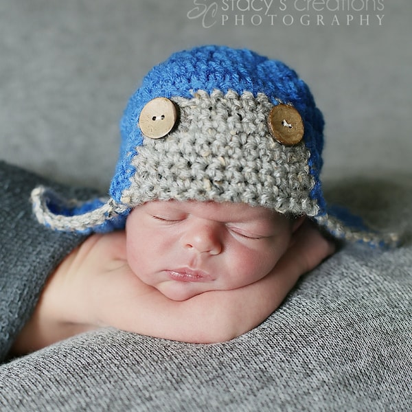 Winter Baby Hat, Baby Boy Aviator Hat, Crochet Baby Boy Hat, Newborn Aviator Hat, Newborn Boy Hat, Infant Aviator Hat, Boy Infant Hat, Blue