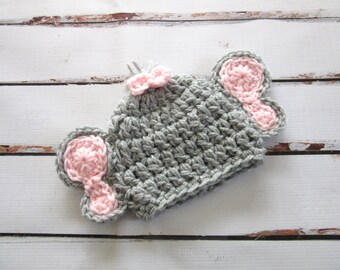Crochet Baby Elephant Hat: Silver Heather & Pink Animal Beanie