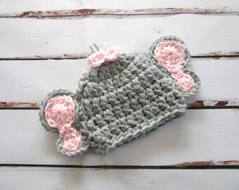 Baby Girl Elephant Hat, Baby Elephant Hat, Baby Girl Hat, Baby Animal Hat, Baby Costume, Baby Girl Halloween, Baby Girl Beanie, Grey, Pink